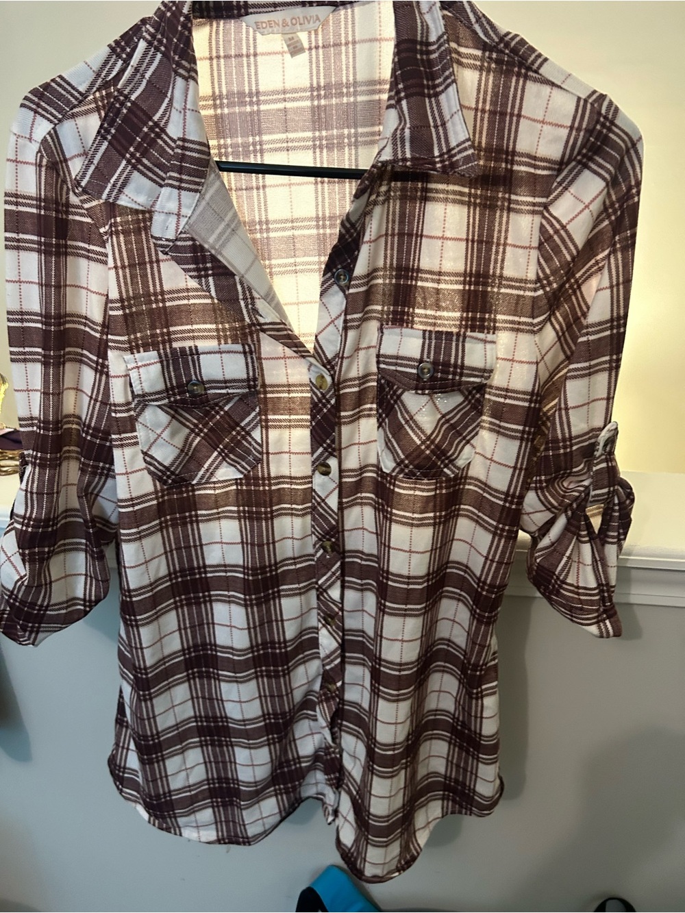 Eden & Olivia Brown and White Plaid Roll-Tab Button Down Shirt